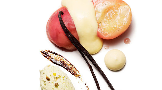 Sous-Vide Peaches /Pistachio Ice Cream / Champagne Espuma